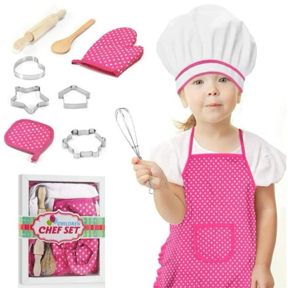 Kids Chef Role Play Cooking Set Apron Hat Mitt Utensil Pretend Play Kitchen Gift